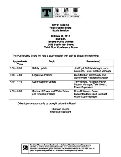 2018 Oct 10 Agenda Study Session Tacoma Public Utilities 2018 Oct 10 Agenda Study Session Tacoma Public Utilities