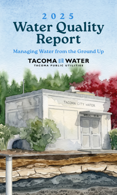 An image of the front cover of the 2025 Water Quality Report featuring a beautiful watercolor image of one of Tacoma Water's pumping stations.