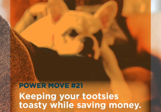 an Image of a person lounging on a chair, while their dog sleeps on their leg. An orange box overlays the image with text that says 