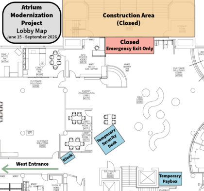Floor plan map showing temporary lobby changes during the Atrium and Entrance Modernization Project. The construction area is located at the top of the atrium entrance and marked “Construction Area.” The main front entrance is closed and labeled “Emergency Exit Only.” A dashed blue line shows the temporary public entrance route through the building lobby from the west side entrance. Temporary locations for the security desk and pay box are identified on the right side of the lobby. A kiosk and public entrance pathway are also labeled.