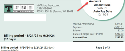 An image of a TPU bill with a red arrow indicating where the account number can be located