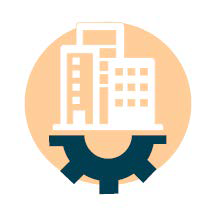 Circle with three buildings in the middle and half of a spoke on the bottom.