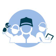 Circle with three people icons wearing hard hats depicting a workforce. One person holds a wrench, one person holds a tablet.