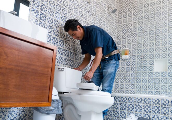 Latin American plumber fixing a toilet in the bathroom