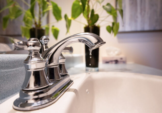 Chrome bathroom faucet dripping water into a white sink, with blurred green plants in the background.