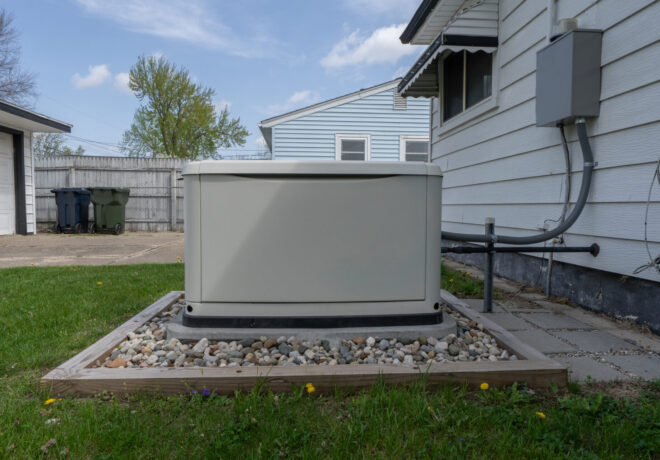 picture of a white home generator in a yard connected to the home.