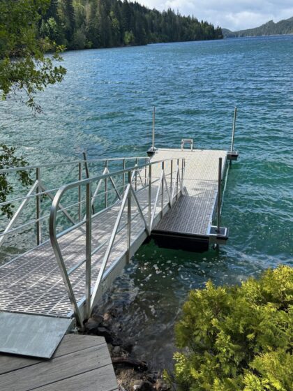 Accessible aluminum dock with a grated walkway, handrails and swim ladder extending into a forested lake.