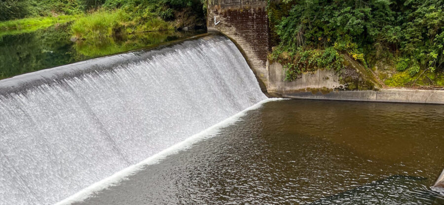 Water cascades over a concrete weir into a rippled basin surrounded by dense green vegetation and metal water-control structures.