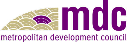 Metropolitan Development Council logo featuring a stylized gold and purple wave pattern and the letters ‘mdc’ above the words ‘metropolitan development council.'