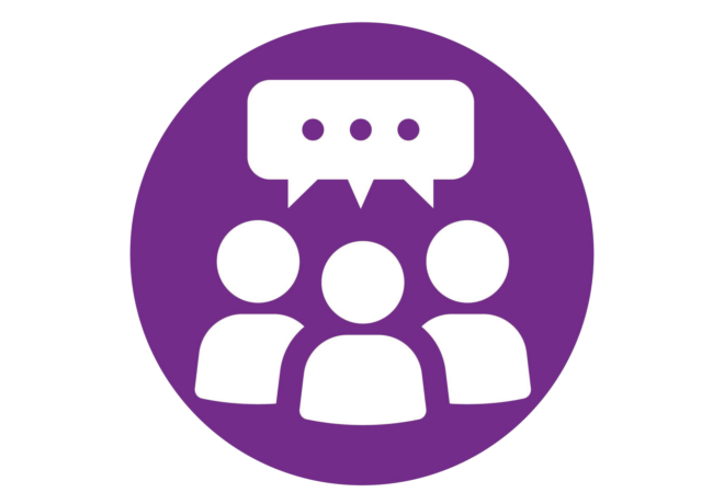 A purple and white icon depicting three stylized people beneath a speech bubble to represent customers and community.