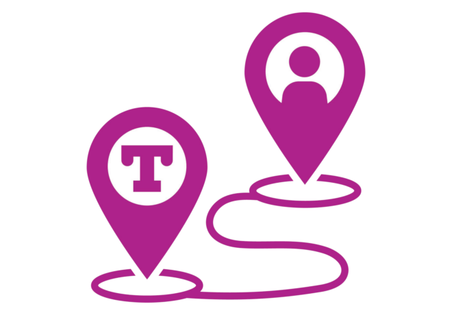 A pink graphic icon showing two location pins connected by a winding path. The larger pin in the upper right contains a simplified person icon, while the smaller pin in the lower left contains a capital “T.” Each pin points to an oval marker on the path. Icon represents employees and culture.