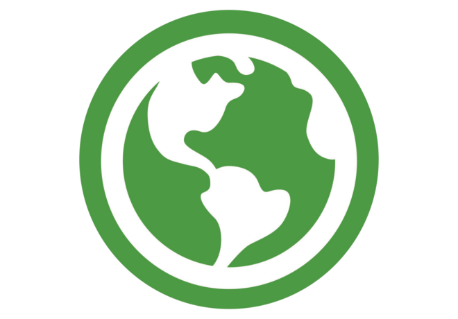 Green circular globe icon with stylized continents to represent resource stewardship and the environment.