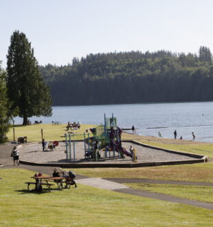 Mayfield Lake Park playground and water in the background.