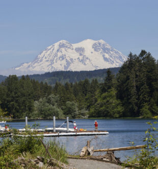 Alder Lake Park with water and Mount Rainier in the background.