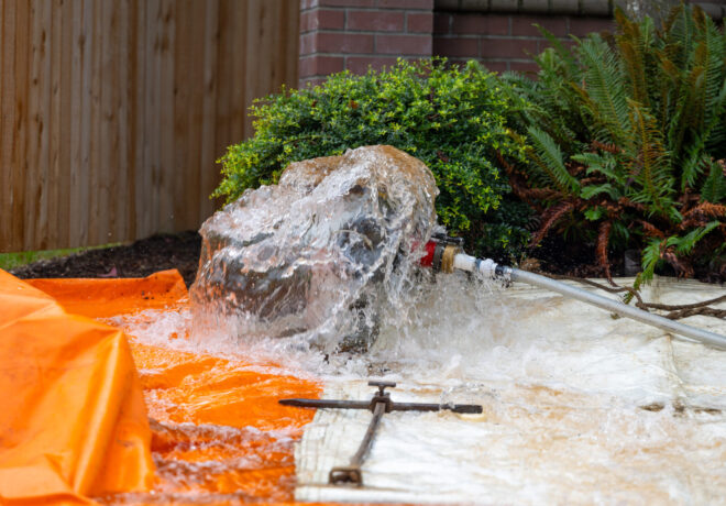 A high‑pressure stream of water gushes from a large hose/fire hydrant onto a rock, splashing across an orange tarp.