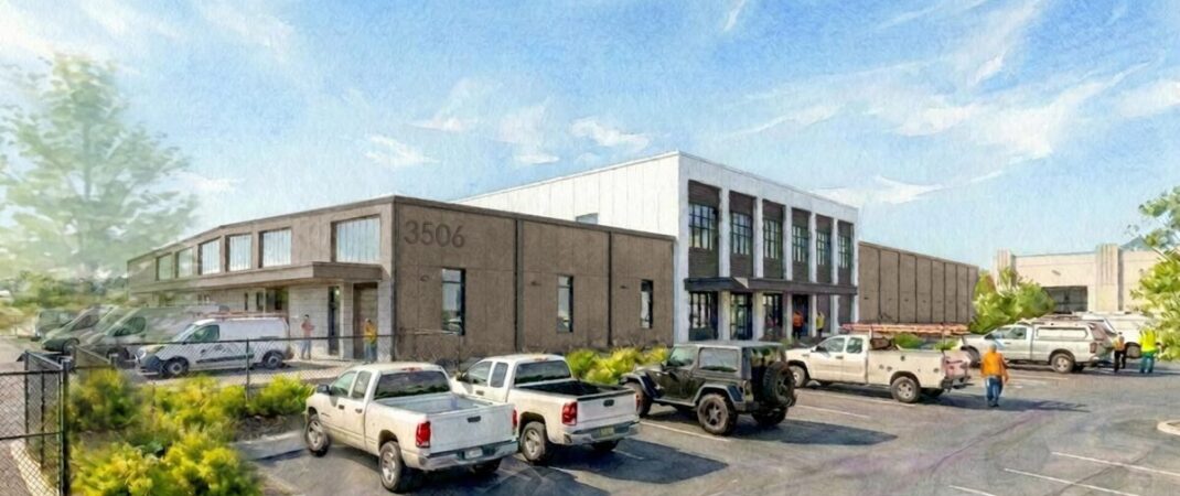 Watercolor-style rendering of the Tacoma Water Operations Building, with parked utility vehicles, landscaping, and a chain-link fence in the foreground.
