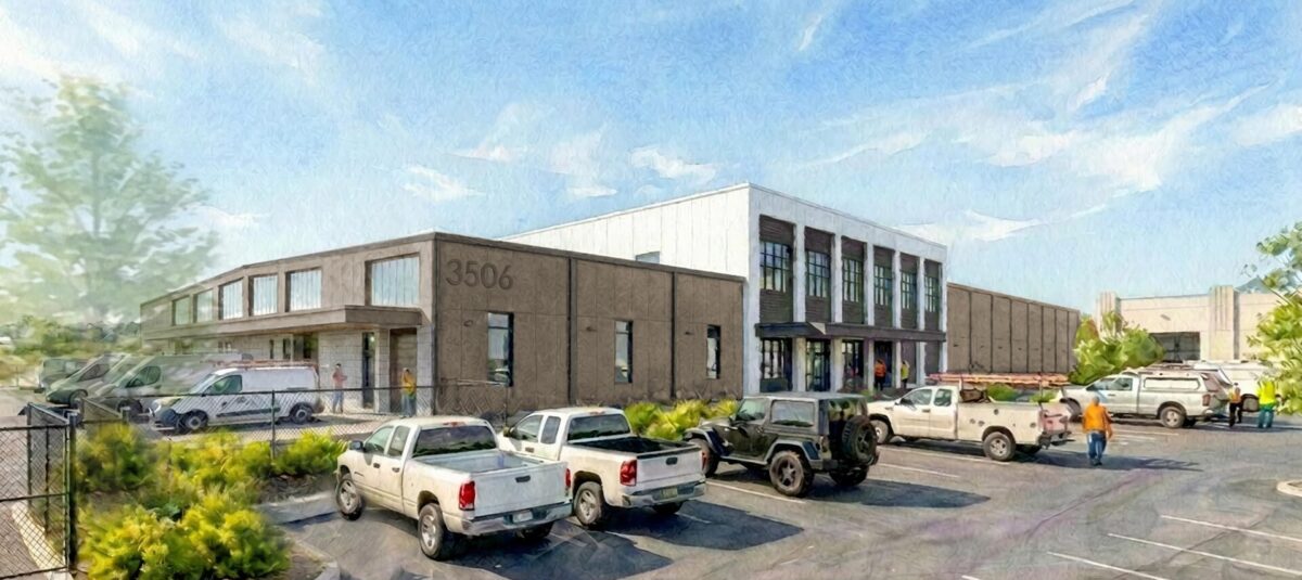 A rendering of the new Tacoma Water operations building sits behind a parking lot filled with several pickup trucks, a jeep, and work vehicles. The building has two-toned siding with large windows and landscaping along the front. A few individuals are standing near the entrance and around the parked vehicles. The sky is clear with light clouds.