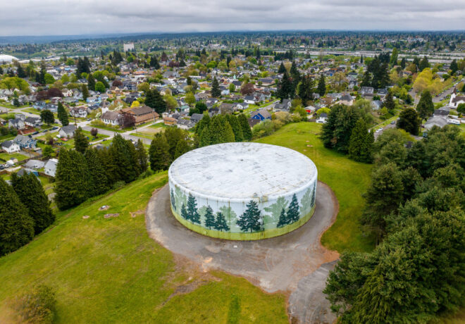 Aerial view of a tree-painted cylindrical water reservoir overlooking a dense residential neighborhood.