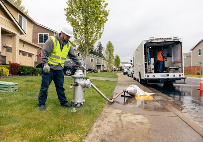 A worker wearing a hard hat and high‑visibility vest operates a hydrant on a residential street, with a hose connected to equipment set up near the curb. A utility truck is parked on the road with its rear doors open, and another worker stands inside the truck. Houses, trees, and a traffic cone are visible in the background.