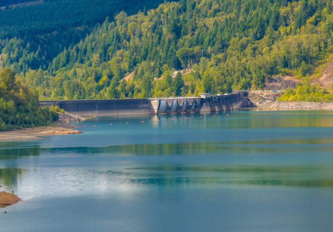 View of dam from shoreline at Mossyrock