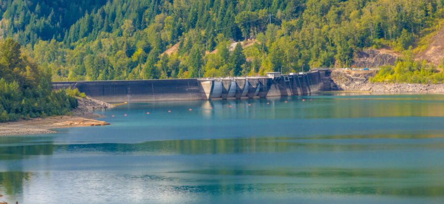 View of dam from shoreline at Mossyrock