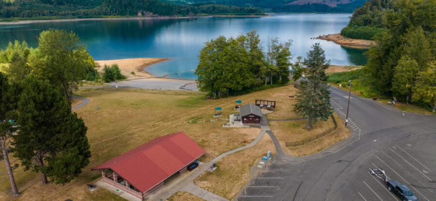Aerial view of Mossyrock park surrounded by water and trees