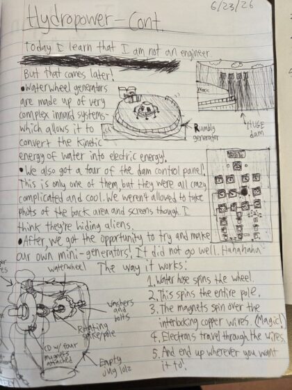 Handwritten student notes and sketches from a visit to the Cowlitz Salmon Hatchery, including salmon development stages, a Chinook salmon and observations from helping hatchery staff sort fish. The student writes, “So slimy! And splashy!”